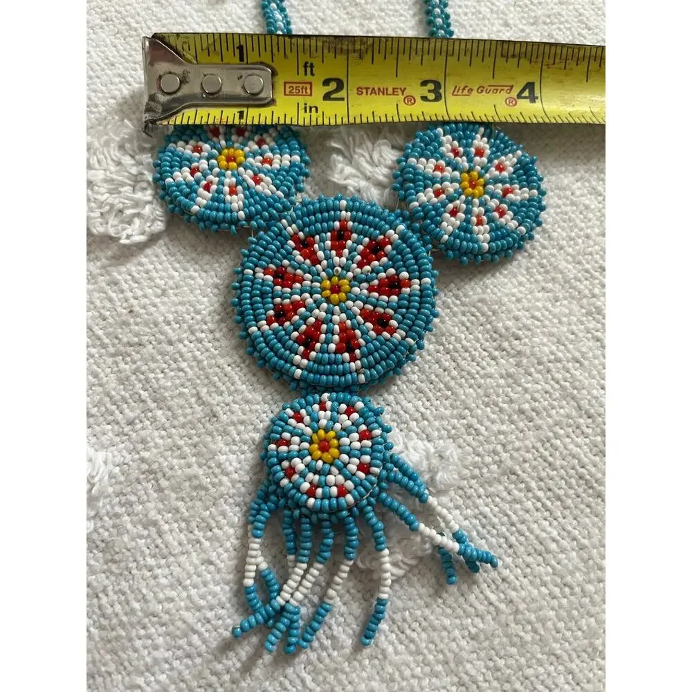 Vintage 60s Native American Medallion Necklace Seed Beaded Starburst Fringe
